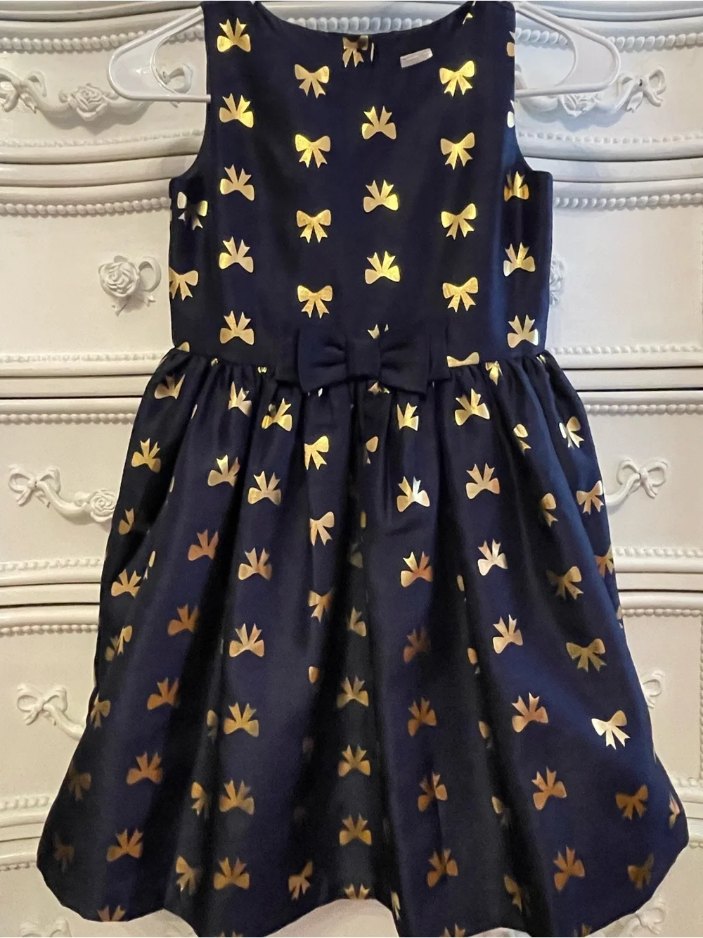 Size 7 GYMBOREE Girls Navy Bow-Print Party Dress with Metallic Gold Accents